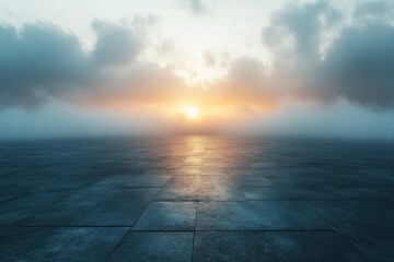 Sunrise Over the Concrete Horizon: A misty dawn breaks over an empty concrete expanse, promising a new day. 