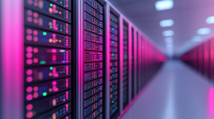 Poster - Modern data center with illuminated server racks in pink and purple light, showcasing advanced technology and secure data storage solutions.