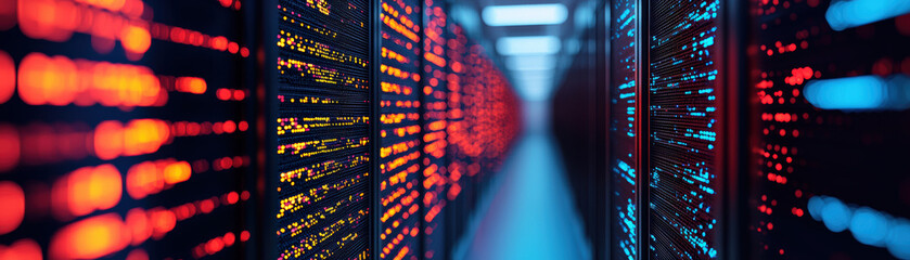 Poster - Modern data center server room with blue and red lights, network equipment, technology infrastructure, and digital information processing.