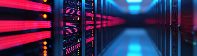 Poster - Modern data center servers with colorful LED lights, showcasing advanced technology infrastructure and digital storage solutions.