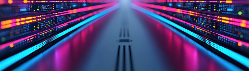 Poster - Futuristic server room with vibrant neon lights and high-tech hardware, showcasing advanced technology and the power of modern data centers.