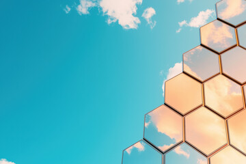 Poster - Modern architectural design featuring reflective hexagonal panels against a bright blue sky with scattered clouds, exuding a futuristic aesthetic.