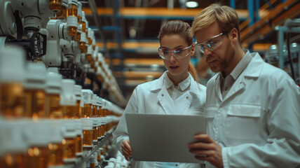 Two project managers standing in modern industrial factory, looking at laptop screen. Manufacturing facility with robotics, robotic arms and automation. Storing products and materials in warehouse.