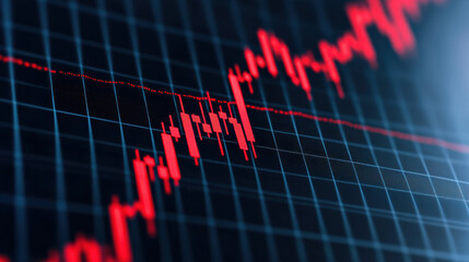 Poster - Close-up of a financial stock chart showing red candlestick patterns on a dark background, indicating market trends and data analysis.