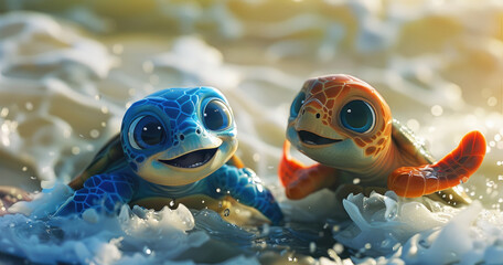 Poster - Two cute baby turtles, one blue and the other orange, both smiling with big eyes, playing in the ocean waves