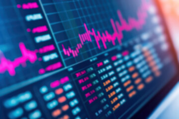 Poster - Blurred financial stock market display screen showing data, stock prices, and graphs with colorful charts representing economic trends.