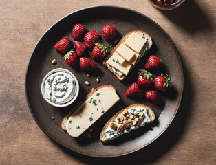 Wall Mural - A plate of food with a variety of items including bread, cheese