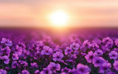 Wall Mural - Beautiful sunrise over a field of vibrant purple flowers, creating a mesmerizing landscape with a tranquil and serene atmosphere.