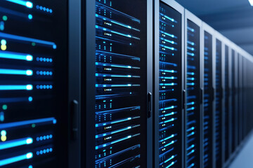 Poster - Modern data center with server racks, showcasing blue LED lights, representing advanced technology and internet infrastructure.