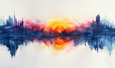 Wall Mural - Watercolor abstract twilight reflections on white.