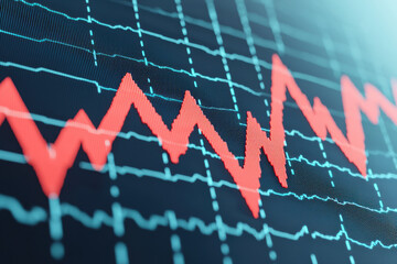 Poster - Closeup of a red line graph on a blue screen, analyzing financial data, stock market trends, and economic indicators in a futuristic digital interface.