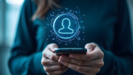 person holding smartphone with digital hologram icon of a user profile in a futuristic tech interfac