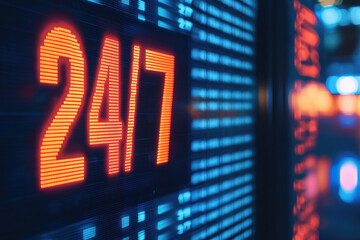 Poster - Digitally illuminated 24/7 sign with a blurred background, representing constant operation or availability in a modern, technology-driven environment.