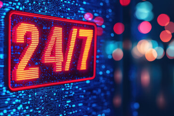 Poster - Illuminated 24/7 sign in vibrant red against a backdrop of digital and blurred lights, representing nonstop availability and modern technology.