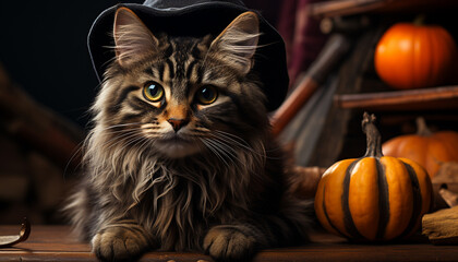 Wall Mural - Cute kitten sitting on pumpkin, looking spooky for Halloween generated by AI