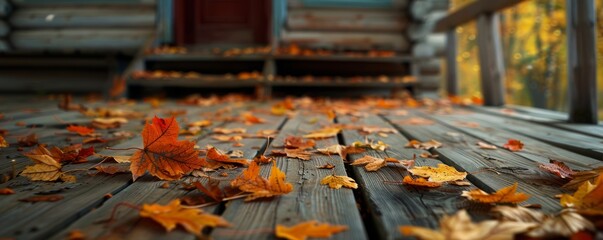 Wall Mural - Leaves falling onto an autumn wooden porch