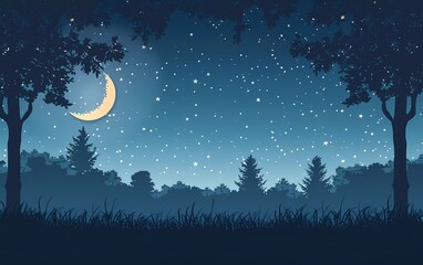 Wall Mural - A flat vector illustration of a night sky with moon and stars, using a dark blue color palette, with silhouettes of trees in the foreground