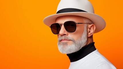 Poster - A man with a white hat and sunglasses is standing in front of an orange background. The man's hat and sunglasses give off a cool and stylish vibe, while the orange background adds a pop of color