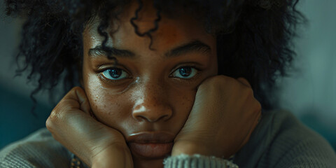 Wall Mural - A close-up portrait of a young woman with a thoughtful expression, her eyes looking directly at the camera.. african woman