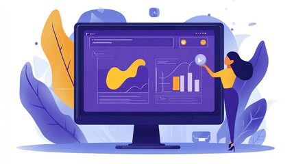 Poster - Woman presenting successful business data on computer screen.