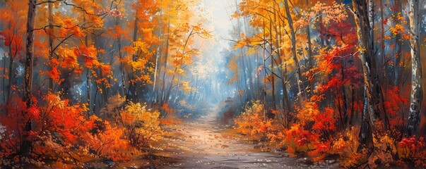 Wall Mural - Forest trail with vibrant autumn hues