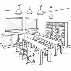 Black and white line drawing of a classroom interior with a long table and chairs, bookshelf, and two windows.