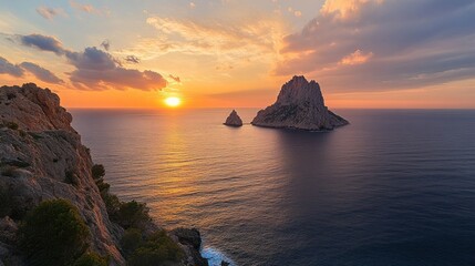 Sunset over the Mediterranean Sea with two islands