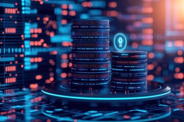 Poster - Futuristic database concept with glowing servers and holographic interface, representing advanced technology and data management.