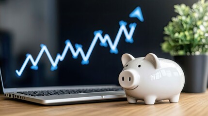 A white piggy bank and laptop sit on a wooden table next to a plant, showcasing a stock market graph against a black background