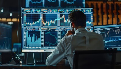 Poster - Man Analyzing Stock Market Data on Multiple Monitors