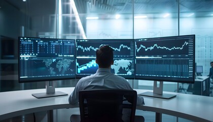 Poster - Man analyzing stock market data on multiple monitors.
