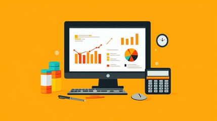 Poster - Modern Workplace with Financial Data Charts on Desktop Computer.