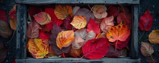 Wall Mural - Autumn leaves in a wooden crate