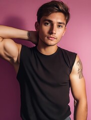 Wall Mural - A young man in a black tank top posing for a picture