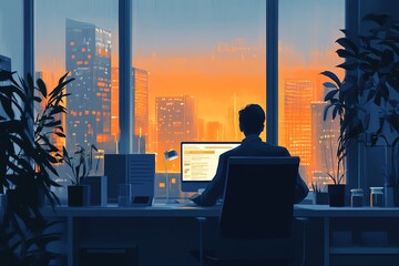 Poster - Working late with a city view.