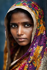 Poster - A woman in a colorful sari leaning against a wall