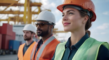 Wall Mural - Diverse workforce collaborating at a container port for global business