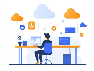 Poster - Man working with cloud computing technology at his desk.