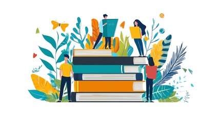 Fototapete - People reading and learning with books.