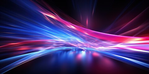 Abstract glowing blue and pink lines create a dynamic background.