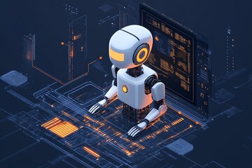 Fototapete - Futuristic Robot Working on Circuit Board.
