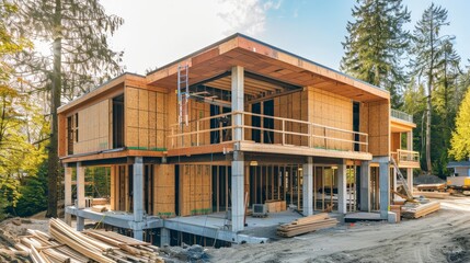 Sticker - A green building project under construction, showcasing sustainable architecture and eco-friendly materials.