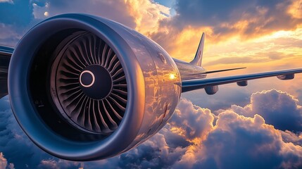 Wall Mural - airplane engine soaring above fluffy clouds during a vibrant sunset