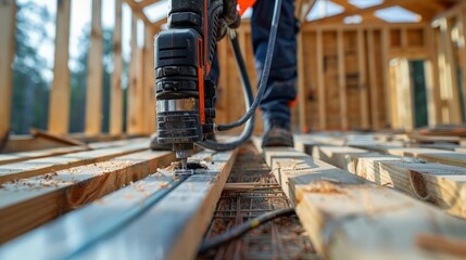 Poster - A high-performance nail gun driving nails into a wooden frame, speeding up the construction process.