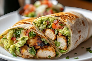 Wall Mural - Grilled chicken burrito with guacamole and fresh salsa served on a white plate