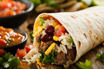 Wall Mural - A close-up of a delicious burrito filled with beef, rice, beans, and fresh vegetables on a wooden table with salsa on the side