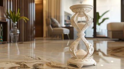 Canvas Print - A large decorative sand clock, with intricately carved bases and a graceful flow of white sand, adding elegance to any room.