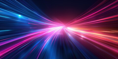 Abstract glowing lines of light in pink and blue colors converge towards a bright white center, creating a sense of speed and motion.