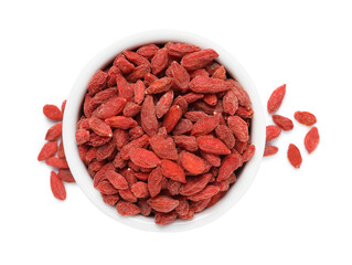 Sticker - Dried goji berries in bowl isolated on white, top view