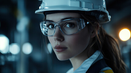 Editorial eye-level shot of an industrial woman in glasses and a white hard hat, looking at the camera while working in an industrial building. Realistic, cinematic style with accent lighting.